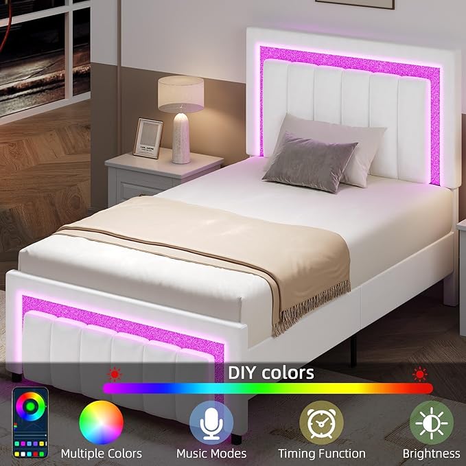 HOMBCK Twin Bed Frame with LED Lights and Velvet Upholstered Headboard, Bed Frame Twin Size with Modern Diamond Headboard Adjustable, Wooden Slats Support, Noise Free, No Box Spring Needed, White