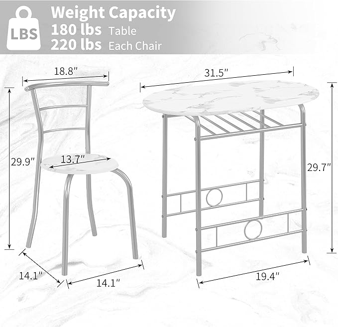 VECELO 3-Piece Dining Table Set for Kitchen Breakfast Nook, Faux Marbled Oval Tabletop and Metal Frame with Built-in Wine Rack, for Small Spaces, White & Silver