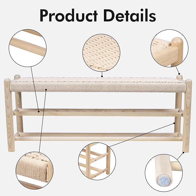 Solid Wood Entryway Bench with Shoe Storage, Rustic Oak Wood and Woven Design 45 Inch Long Seating for Living and Dining Rooms, 3-Tier Nature