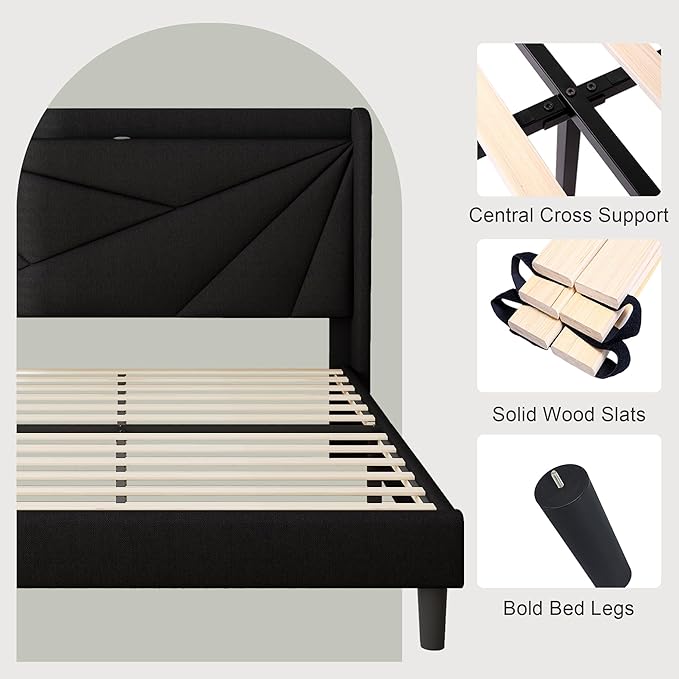 Feonase King Size Bed Frame with Charging Station, Linen Upholstered Platform Bed Frame with Wingback Storage Headboard, Solid Wood Slats Support, No Box Spring Needed, Noise Free, Black