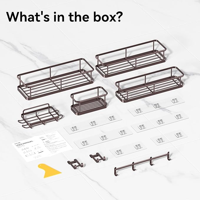 YASONIC Shower Caddy, 6 Pack Large Capacity shower Organizer with Soap Holder and 12 Hooks, Rustproof Shower Shelves for Inside Shower, No Drilling&Sleek Bathroom Organizers and Storage Bronze