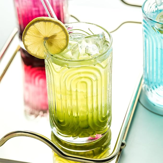 INSETLAN Set of 12 Vintage Glassware - 14 oz Water Drinking Glasses, Art Deco Ripple Glass Cup, Cocktail Glasses, for Bar Beverages, Iced Coffee, Juice, Housewarming Presents, New House Essentials