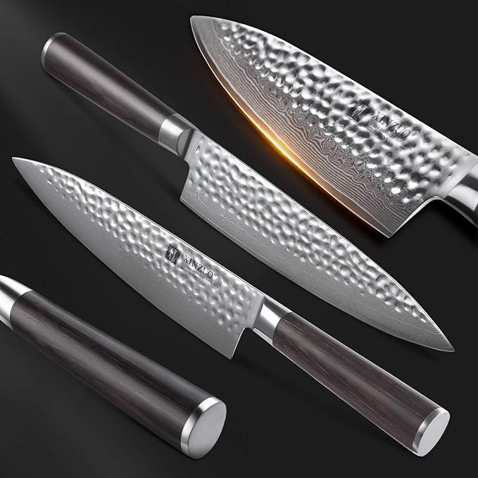 XINZUO 8 Inch Hammered Damascus Chef Knife,67 Layers Damascus Steel Kitchen Knife,Professional Japenese Chef Knife with Gift Box, Dark Brown Pakkawood Handle, Razor Sharp-He Series