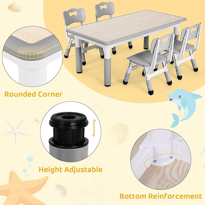 Arlopu Kids Table and 4 Chair Set, Height Adjustable Toddler Table and Chair Set, Non-Slip Legs, Graffiti Desktop, Large Children Activity Table, Reading Daycare Classroom Home (Grey)