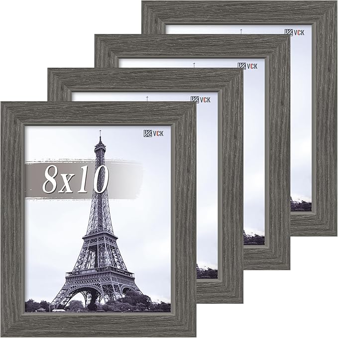VCK 8x10 Picture Frame Set of 4 - Grey, Gallery-Quality Wood Poster Frames, 1.1-Inch Wide Border, Polished Plexiglass, Vertical or Horizontal Wall & Tabletop Display for Photo/Art/Prints, Grey