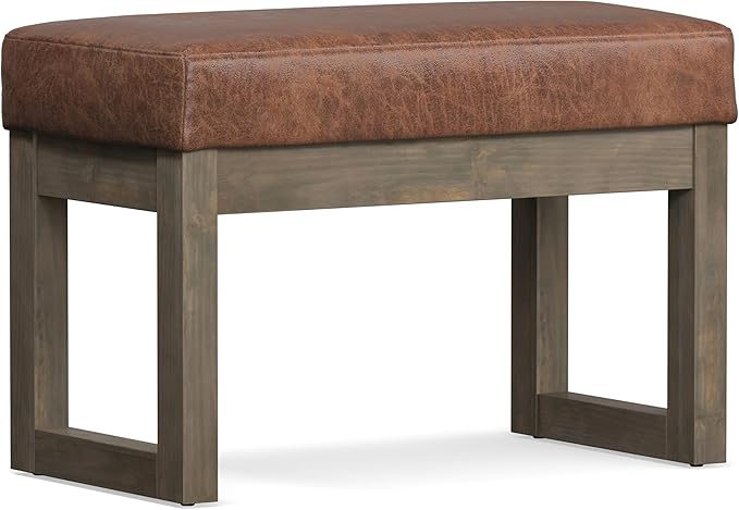 SIMPLIHOME Milltown 27 inch Wide Contemporary Rectangle Footstool Ottoman Bench in Distressed Saddle Brown Vegan Faux Leather, Assembled, for the Living Room and Bedroom