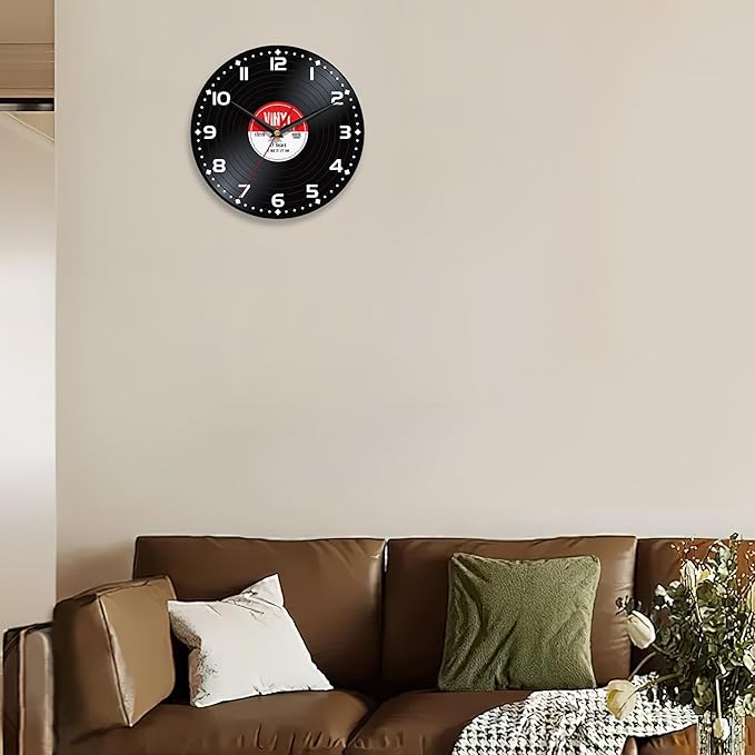 Wall Clocks,Record Wall Clock Decorative,Musical Black Kitchen Wall Clocks Battery Operated-10 Inch Round Bathroom Wall Clock Silent Non-Ticking