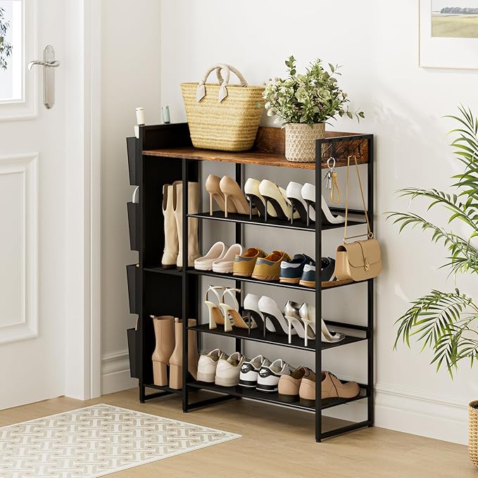 Brown 5-Tier Shoe Organizer - Free Standing Shoe Rack with Storage Bag for High Heels, Entryway, Hallways, Closets, Dormitory Rooms