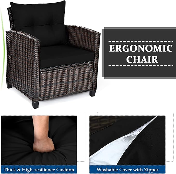 Tangkula 3 Pieces Patio Furniture Set, PE Rattan Wicker 3 Pcs Outdoor Sofa Set w/Washable Cushion and Tempered Glass Tabletop, Conversation Furniture for Garden Poolside Balcony (Black)