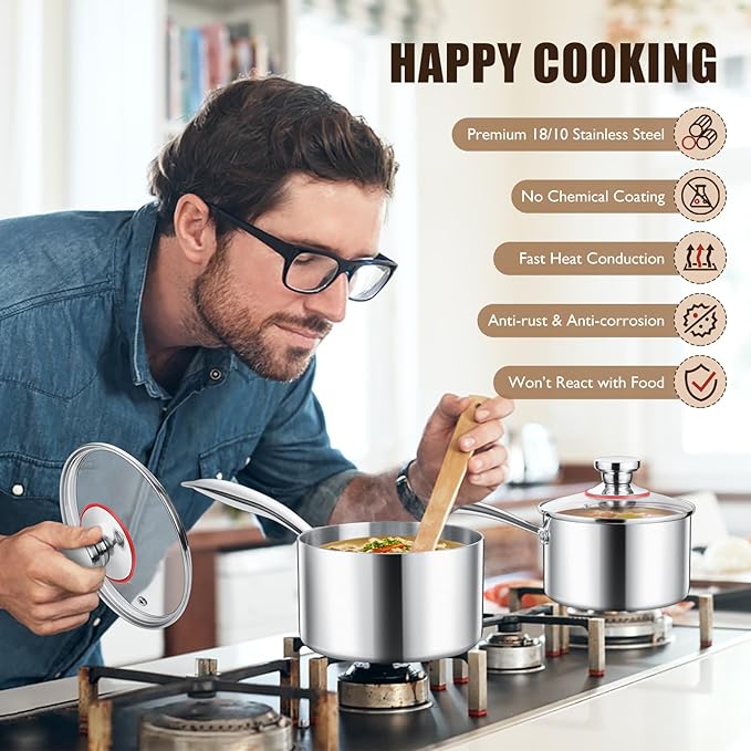 1/2/3QT Saucepan with Lid Set of 3, E-far 18/10 Stainless Steel Sauce Pan Pot Metal Triply Cookware for Kitchen Cooking Pasta Warming Milk Boiling Water, Induction Ready & Heavy Duty