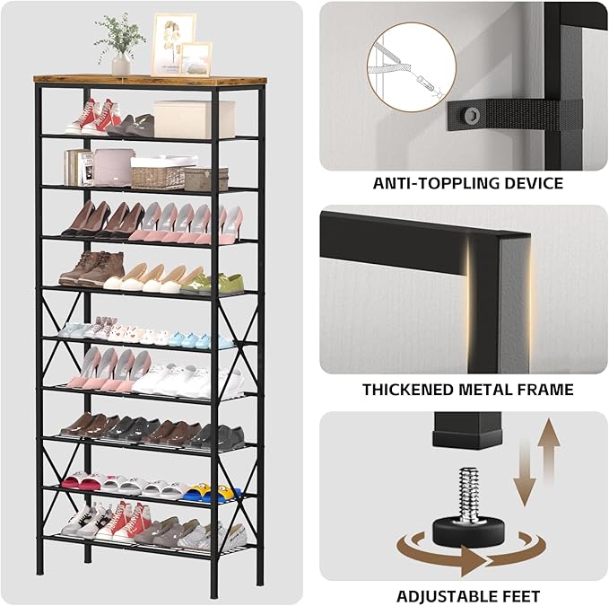 10-Tier Tall Shoe Rack, Large Capacity Shoe Shelf Holds40-45 Pairs, Shoe Shelf for Entryway, Hallway, Living Room, Rustic Brown