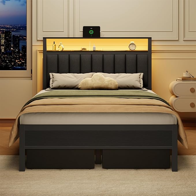 Furnulem Full Size Bed Frame with Charging Station and LED Lights, Grey Upholstered Headboard with Shelves, Metal Platform Bed with 2 Under-Bed Storage (Fabric Drawer on Wheels), No Box Spring Needed