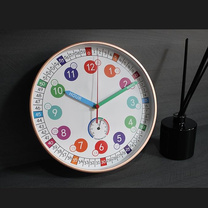 Wall Clocks,10Inch Learning Time Clock, Colorful Clock Face Silent Clocks with Simple Thermometer,Clear Digital Wall Clock (Rose Gold)