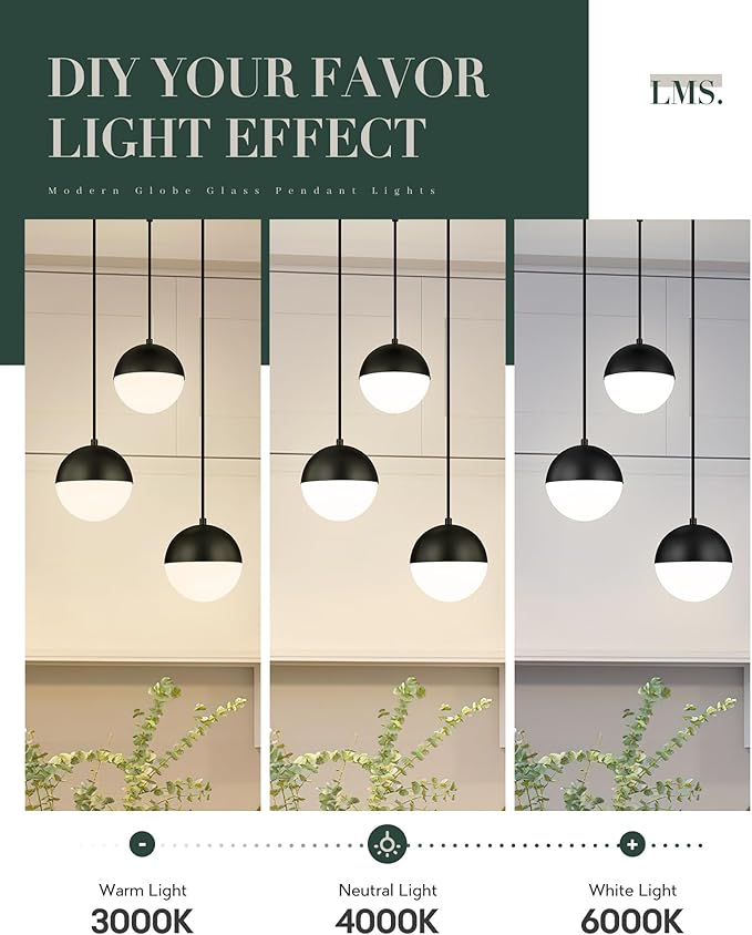 LMS Mid Century 3-Light Cluster Pendant Lights, Matte Black Kitchen Island Light Fixtures with White Globe Glass Shade, Adjustable Hanging Light for Home Office Bathroom Dining Room, LMS-186BK3