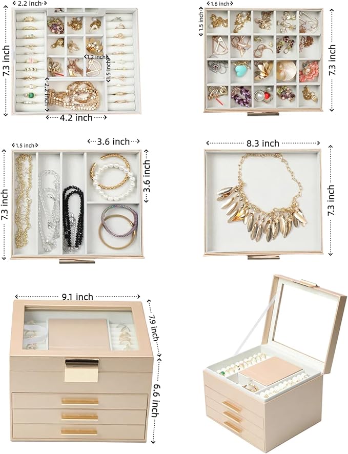 BOOVO Clear Lid Jewelry Box,4 Layers Jewelry Organizer Large Jewelry Storage Box with 3 Drawers,Jewelry Holder Organzier of Rings Earrings Necklace Bracelets for Women (Champagne, 4 Layer)