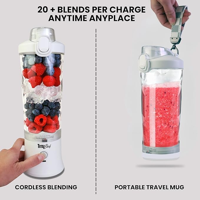 Total Chef Portable Blender - USB Rechargeable Personal Smoothie Mixer, Protein Shake Maker, Cordless Travel Mini Licuadora, Blend Frozen Fruit, Drink Milkshake On The Go,Ice Crusher 20 OZ, White