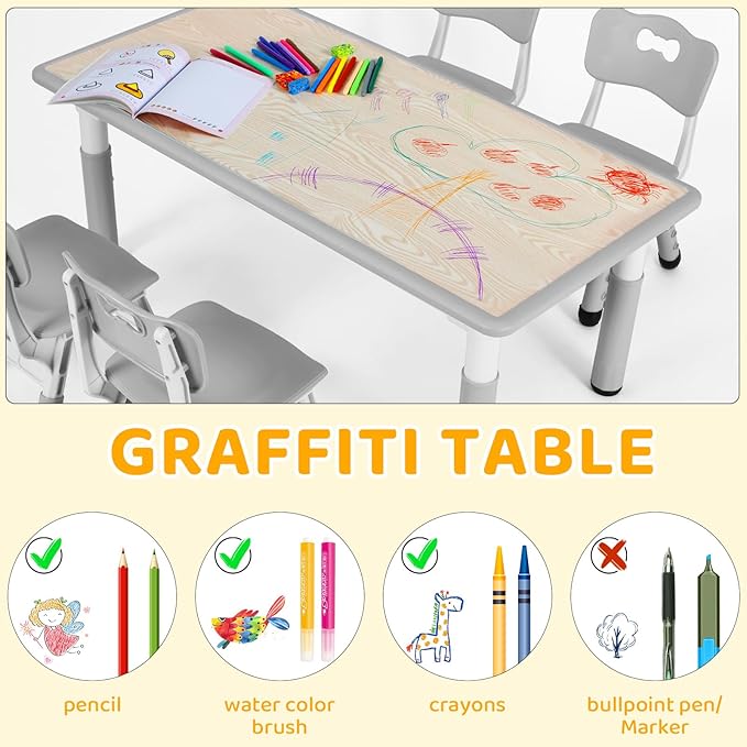 Arlopu Kids Table and 4 Chair Set, Height Adjustable Toddler Table and Chair Set, Non-Slip Legs, Graffiti Desktop, Large Children Activity Table, Reading Daycare Classroom Home (Grey)