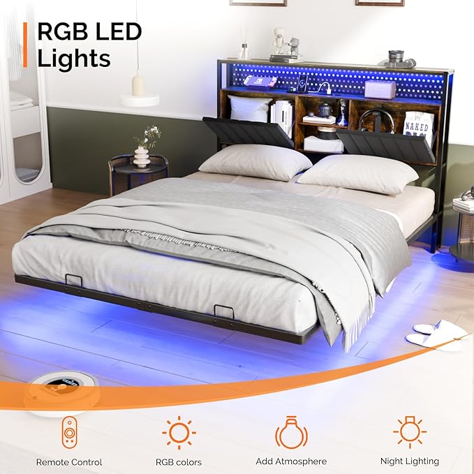 VINGLI Floating Bed Frame Queen with LED Lights and Charging Station,Sturdy Metal Platform Bed,Hidden Storage Velvet Upholstered Headboard,No Box Spring Needed,Easy Assembly