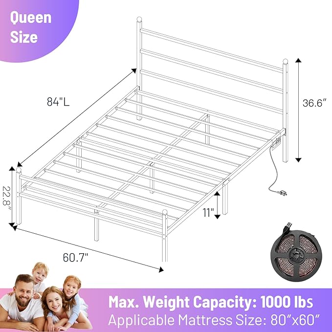 Queen Bed Frame with Headboard and Footboard,Steel Slats Support-LED Bed Frame with USB Charging Station,Mattress Foundation-Under Bed Storage,No Box Spring Needed,Noise Free,Black