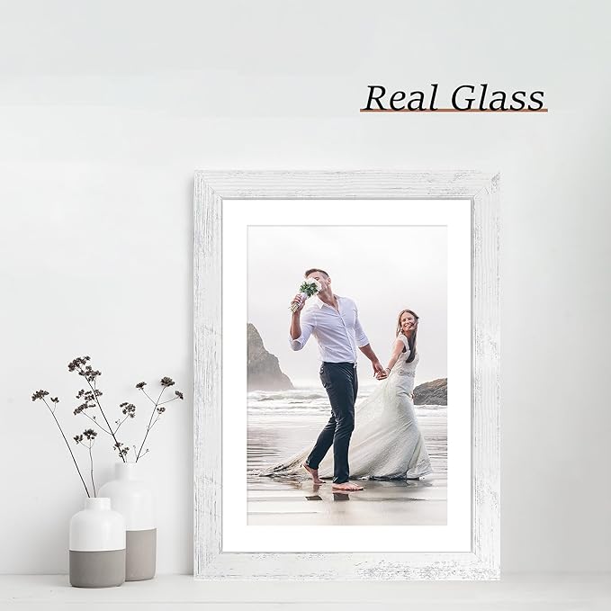 10x14 Picture Frame Set of 4 with Tempered Glass, Distressed White Frame Display 8x12 Picture with Mat or 10 x 14 Without Mat, Wood Rustic Photo Frames for Horizontal or Vertical Wall Mounting