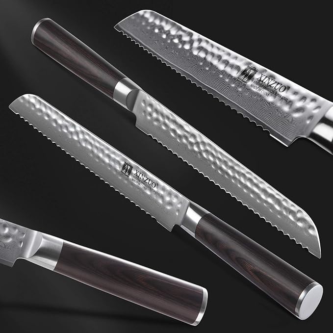 XINZUO 67 Layers Damascus Bread Cutting Knife, 8 Inch Serrated Bread Knife for Homemade Bread Sourdough,Razor Sharp,Dark Brown Pakkawood Handle