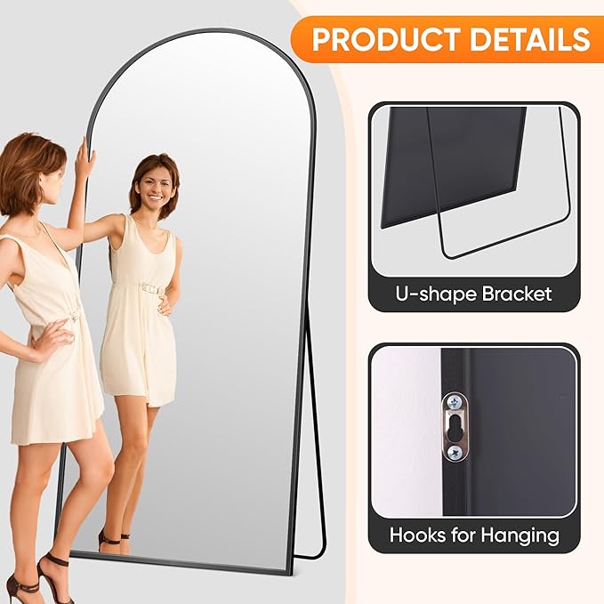 Suidia Full Length Mirror, 71"x28" Floor Standing Mirror Freestanding, Full Body Mirrors with Stand for Bedroom, Hanging Mounted for Living Room Cloakroom, Black, Arched Style
