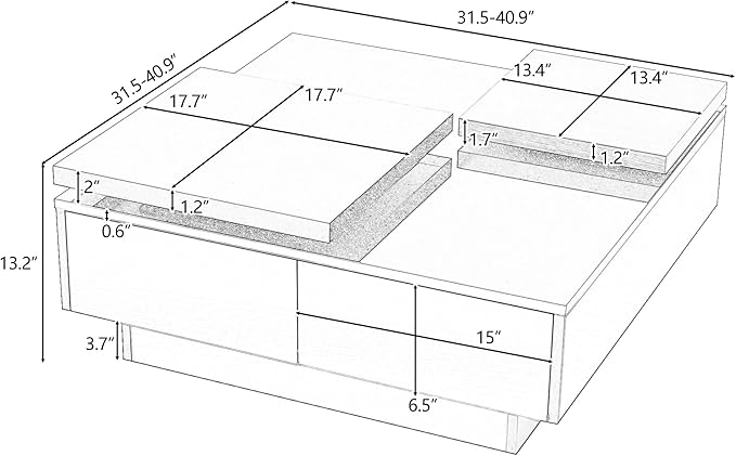 WILLIAMSPACE 31.5" Movable Top Coffee Table with 4 Hidden Storage Drawers & High Gloss Finish, Modern Square Wood Center Table Accent Side End Tea Table for Living Room, Black