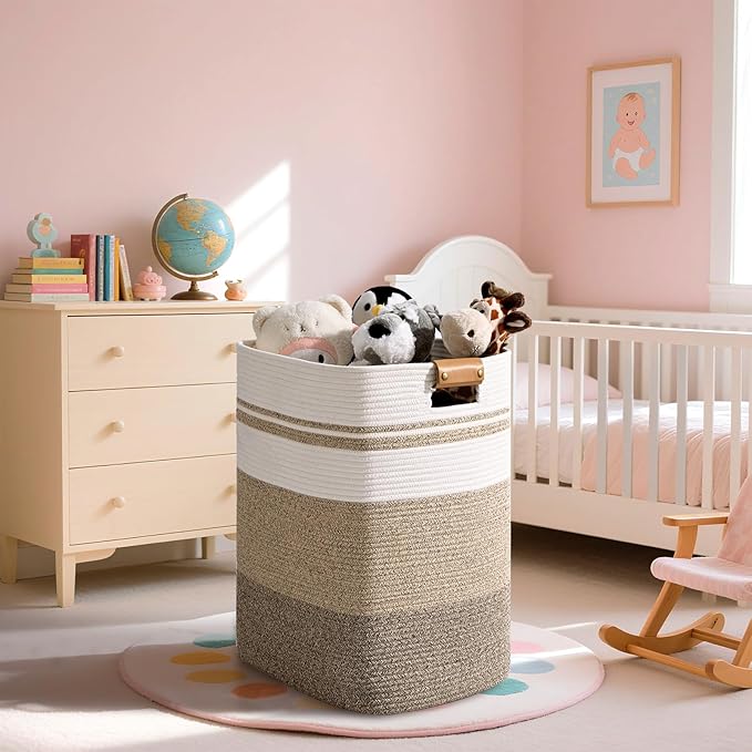 Laundry Hamper, 95L Tall Laundry Basket with Leather Handles, Rectangle Large Clothes Hamper for Organizing, Cotton Woven Laundry Baskets Storage Hampers for Bedroom, Nursery, Living Room