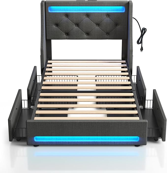 Rolanstar Twin Bed Frame with LED Lights and Charging Station, Upholstered Bed with Drawers, Wooden Slats, Noise Free, Easy Assembly, Dark Gray