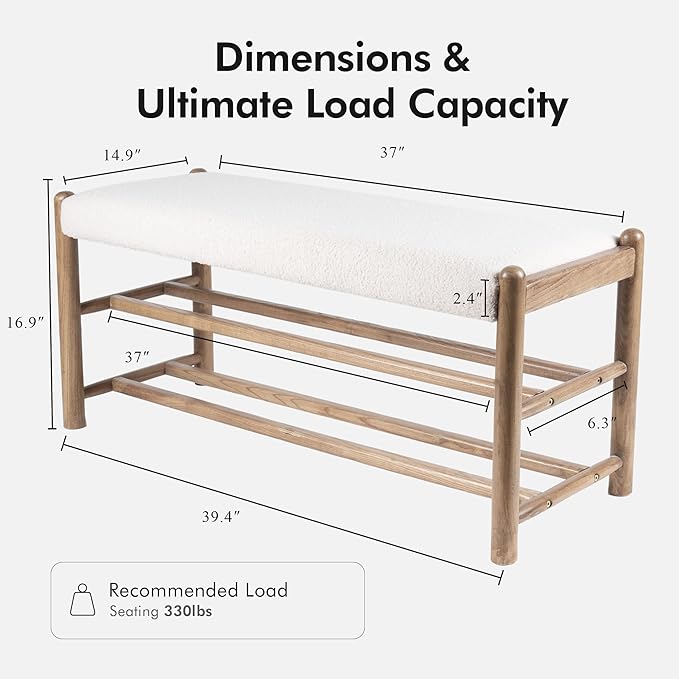 Solid Wood Entryway Bench with Shoe Storage, Rustic Oak Wood and Sherpa Fabric 39.4 Inch Long Seating for Living and Dining Rooms, 3-Tier White
