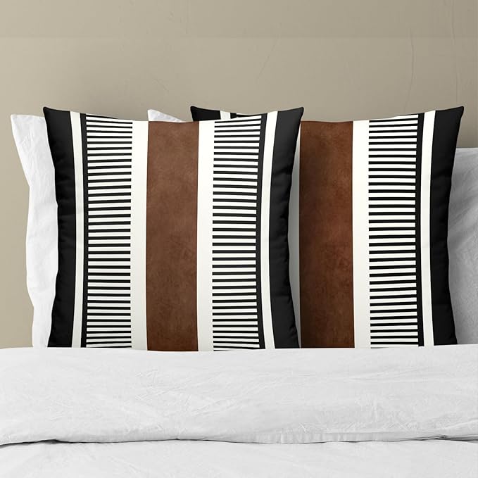 Kawani Boho Decorative Throw Pillow Covers 24x24 Inch Black White Brown Stripe Pillow Covers Set of 2 Farmhouse Rustic Decorative Pillows Modern Geometric Pillow Cases for Couch Decor