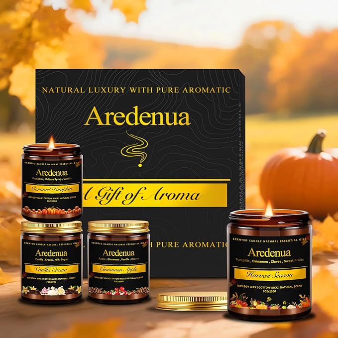 Fall Candle Set | 4 Pack Autumn Scented Candles for Home - Candle Fall Gifts for Women Men, Soy Candles for Home Scented - Autumn Scent of - Pumpkin/Cinnamon Apple/Harvest/Vanilla Cream