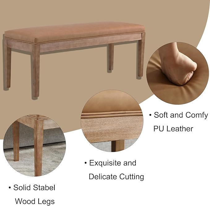 Upholstered Entryway Bench Farmhouse Shoe Benches for Hallway Porch Bedroom Bench for End of Bed Dining Bench for Dining Table Dining Room Kitchen Window with Wood Legs, PU Leather, Brown