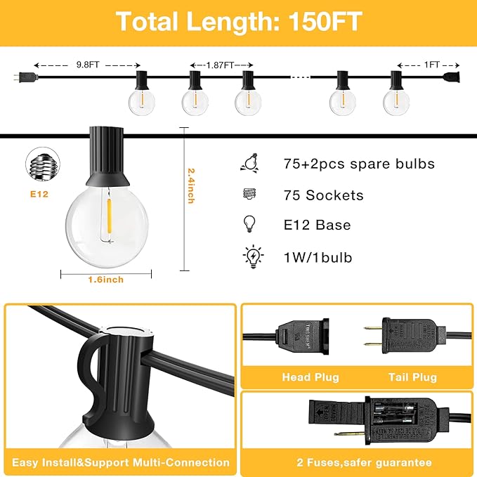 String Lights for Outside 150FT,Dimmable Waterproof Outdoor String Lights with 75+2 Shatterproof G40 Globe Bulbs Connectable LED Patio Lights, Commercial Hanging Lights for Christmas Backyard Party