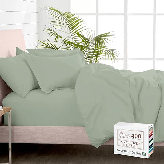 Pizuna 100% Cotton King 3 Pc Duvet Cover + 1 Pc Fitted Sheet Set 400 Thread Count Sea Foam Sateen Weave Luxurious Long Staple Cotton 4 Piece Bedding Set - 1 Duvet Cover, 2 Pillow Shams, 1 Fitted Sheet