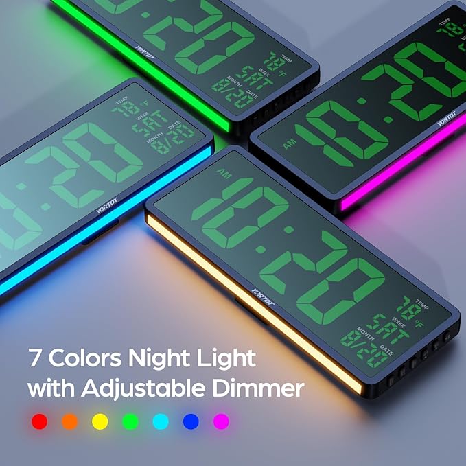 YORTOT 16β Large Digital Wall Clock with Remote Control and 7 Night Lights, 4 Level Dimmer, Super Easy to See, Big LED Clock with Indoor Temperature, Date, Perfect for Home, Office, Gym (Green)