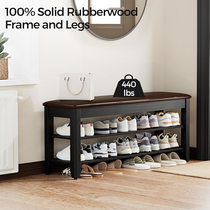 Shoe Rack Bench with Flip-Top Storage, Solid Wood Entryway Bench with Cushion, Adjustable Shelf, for Hallway, Mudroom, Closet – Black, 39.4"