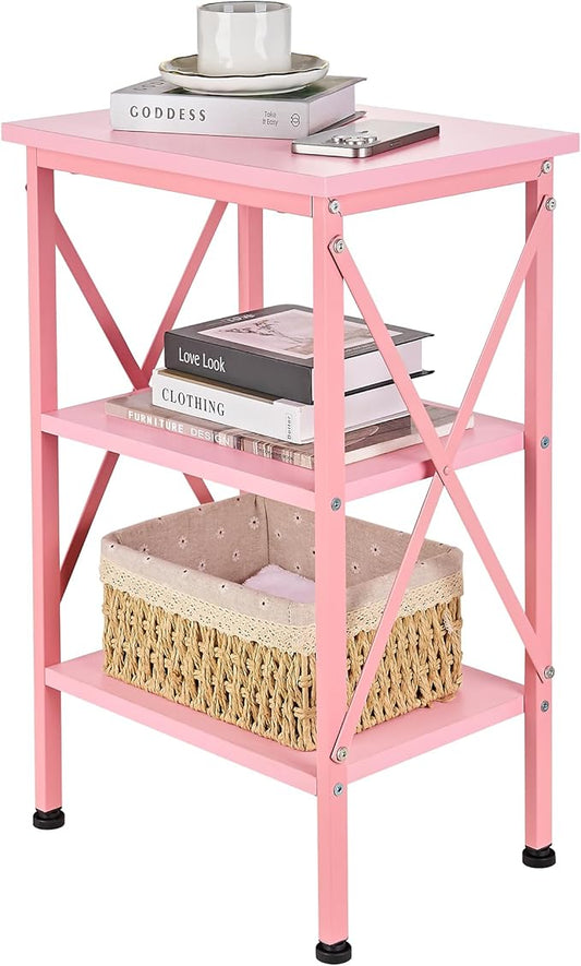 VECELO End Table, Bedside Table, 24" Tall Living Room End Tables, X-Design Reinforced Nightstands, Side Table with 3-Tier Storage Shelves for Small Spaces, Office, Bathroom, Bedroom, Pink