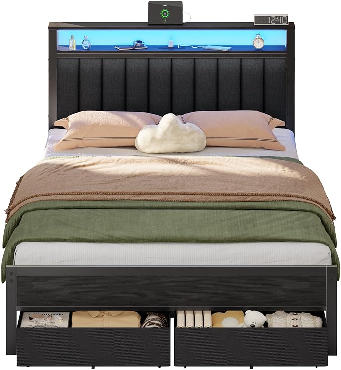 Furnulem Queen Bed Frame with Charging Station and LED Lights, Grey Upholstered Headboard with Shelves, Metal Platform Bed with 2 Under-Bed Storage (Fabric Drawer on Wheels), No Box Spring Needed