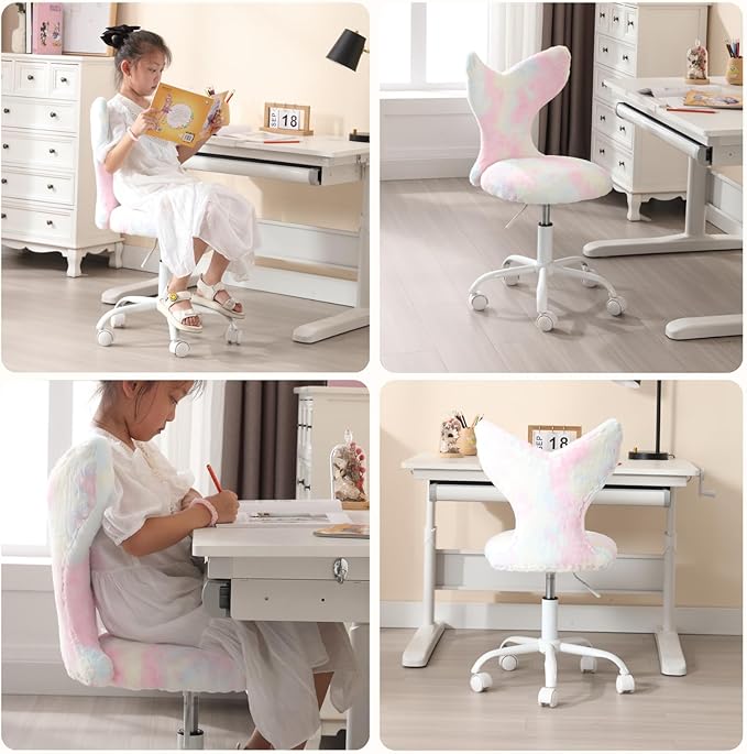 Fuzzy Desk Chair, Cute Swivel Children Desk Chair with Wheels for Kids Bedroom Upholstered Rolling Study Chair Adjustable Computer Chair Mermaid Back Vanity Chair for Teen Girls Boys, Pink Colorful