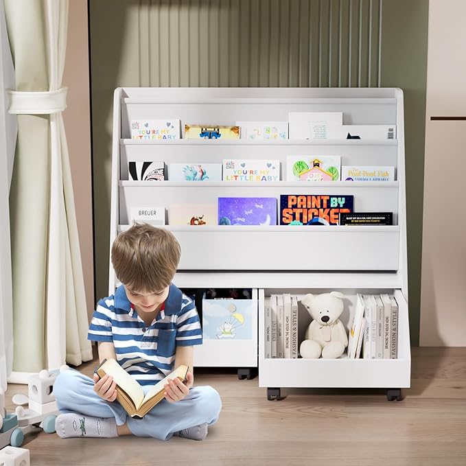 Kids Bookshelf with Two Movable Drawers Toddler Bookcase with Toy Storage Organizer Child Sling Book Rack Baby Cabinet Chest with Wheels for Nursery,Playroom,Bedroom,Living Room,Classroom