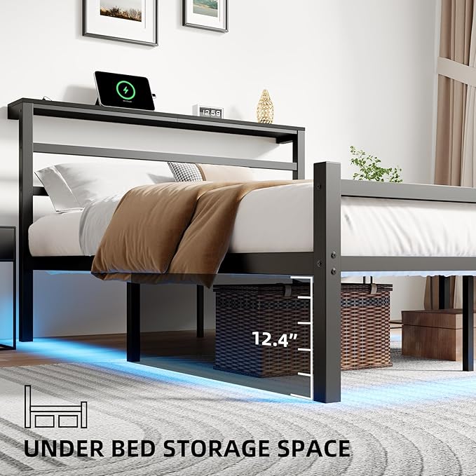 Queen Size Bed Frame with LED Lights, Metal Platform Bed Frame with Storage Headboard, Bed Frame Queen Size with Charging Station, Heavy Duty Metal Slat, No Box Spring Needed, Easy Assembly, Black