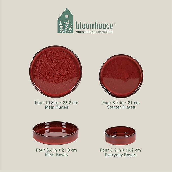 Bloomhouse Santorini Mist Double Bowl Terracotta Reactive Glaze Plates and Bowls Dinnerware Set - Garnet Red, Service for Four (16pcs)