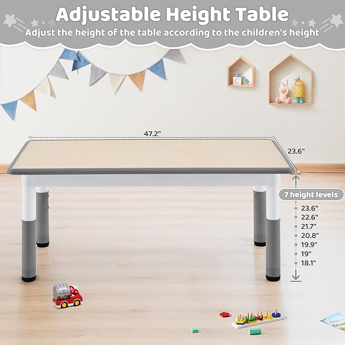 Toddler Table, 7 Level Height Adjustable Kids Play Furniture for Ages 3-8, Rectangular Plastic, 23.6" W x47.2 L, Multi-Activity Desk with Graffiti Desktop for Home & Daycare