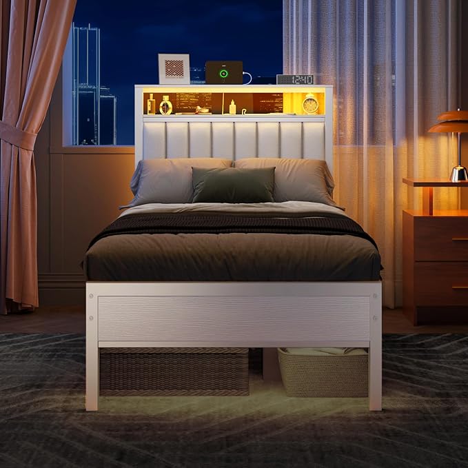 Furnulem Twin Size Bed Frame with Charging Station & LED Lights, Modern Platform Bed with 2-Tier Storage Shelves, White PU Leather Upholstered Headboard, No Box Spring Needed, Metal Slats Support