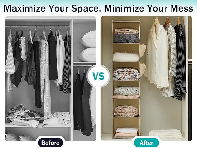 YOUDENOVA Hanging Closet Organizer, 6-Shelf Closet Hanging Storage Shelves, 2 Packs, Beige