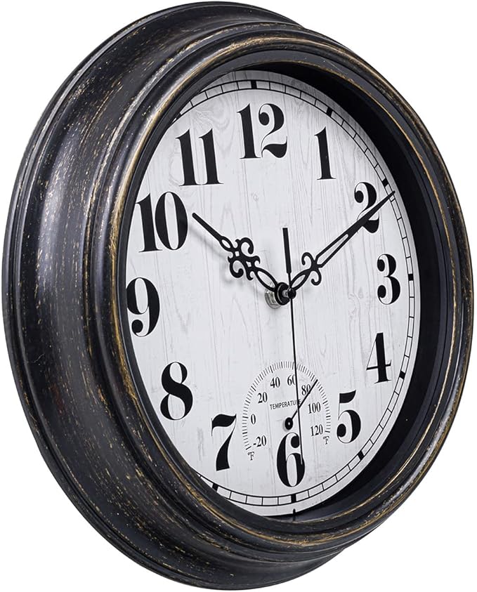 zyzamay 12 Inch Indoor Outdoor Clocks,Waterproof Wall Clock with Thermometer,Easy to Read,Non-Ticking Battery Operated Quality Quartz Clock, Decorative for Patio,Porch,Pool,Bathroom(BlackGold)