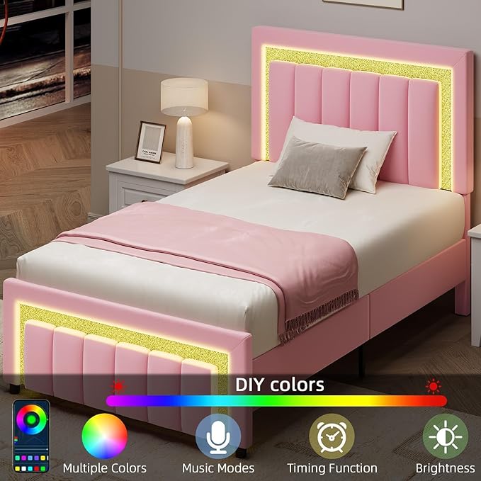 HOMBCK Twin Bed Frame with LED Lights and Velvet Upholstered Headboard, Bed Frame Twin Size with Modern Diamond Headboard Adjustable, Wooden Slats Support, Noise Free, No Box Spring Needed, Pink