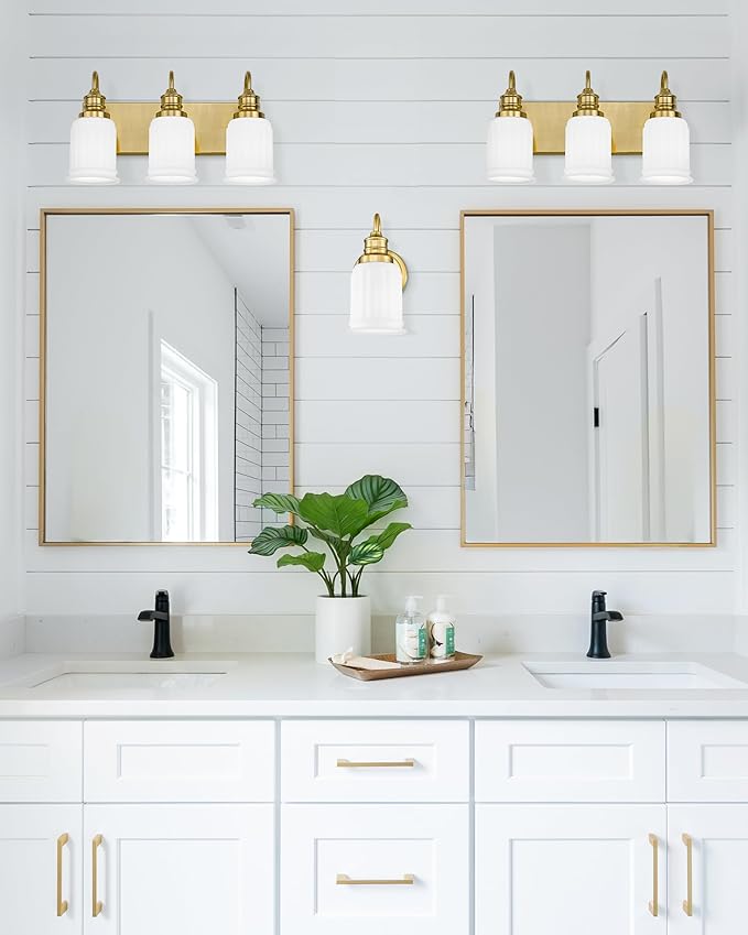3-Light Bathroom Light Fixture, HWH Modern Vanity Light, Brushed Gold Wall Light Over Mirror, Frosted White Bell-Shaped Glass, 5HZG106B-3W BG