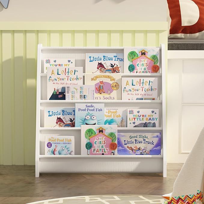 NACHES 4-Tier Fabric Kids Bookshelf, Large Capacity Montessori Sling Bookcase with 4 Deep Pockets, Magazine and Book Storage Rack for Nursery, Kids Room, Bedroom, Playroom (White)